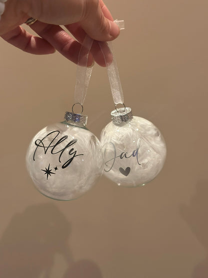 Personalised White Feather Memorial Bauble: Glass Remembrance Ornament [Christmas Bereavement Parent Baby Loss]