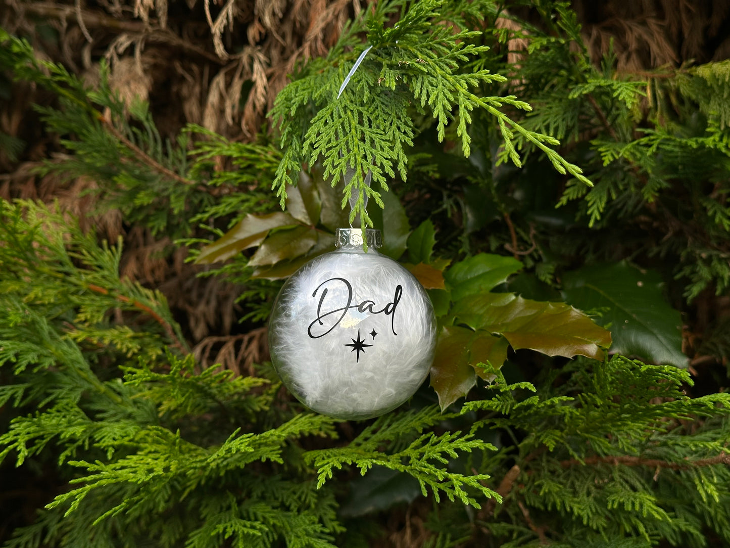 Personalised White Feather Memorial Bauble: Glass Remembrance Ornament [Christmas Bereavement Parent Baby Loss]