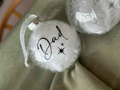 Personalised White Feather Memorial Bauble: Glass Remembrance Ornament [Christmas Bereavement Parent Baby Loss]