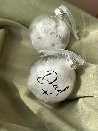 Personalised White Feather Memorial Bauble: Glass Remembrance Ornament [Christmas Bereavement Parent Baby Loss]
