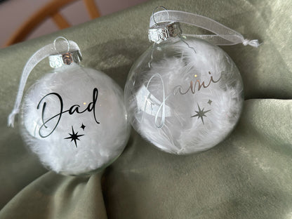 Personalised White Feather Memorial Bauble: Glass Remembrance Ornament [Christmas Bereavement Parent Baby Loss]