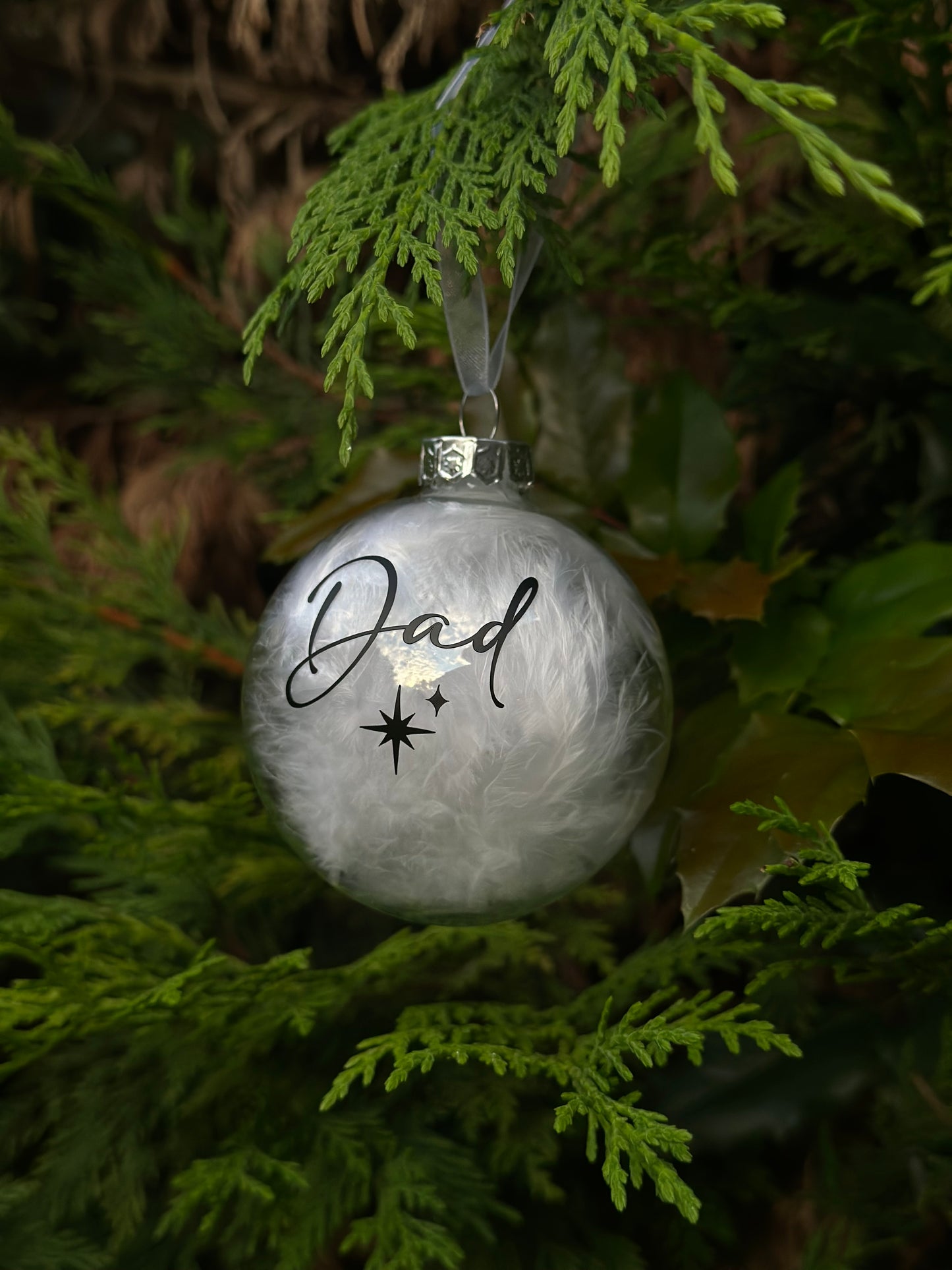 Personalised White Feather Memorial Bauble: Glass Remembrance Ornament [Christmas Bereavement Parent Baby Loss]