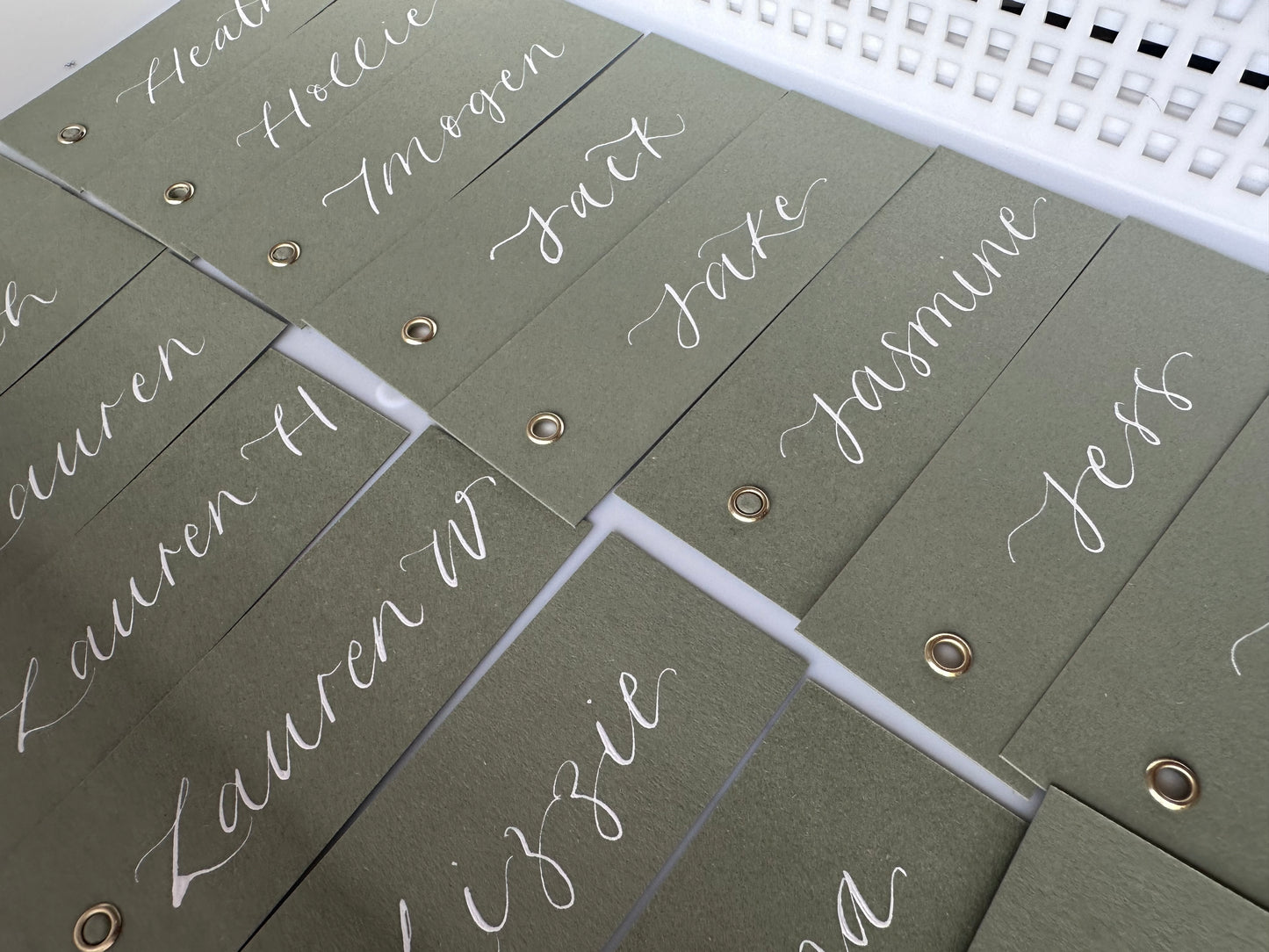 EUCALYPTUS Calligraphy Place Name Card | Matte Coloured Card with Hand Written Calligraphy optional gold or silver eyelet
