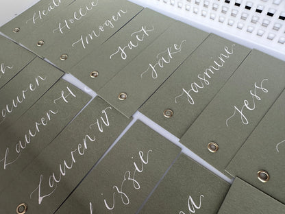 EUCALYPTUS Calligraphy Place Name Card | Matte Coloured Card with Hand Written Calligraphy optional gold or silver eyelet