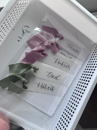 VELLUM Opaque Paper Place Card Chiffon Ribbon | Calligraphy Wedding Place Name Card | Gold or Silver Eyelet