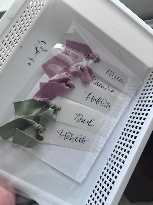 VELLUM Opaque Paper Place Card Chiffon Ribbon | Calligraphy Wedding Place Name Card | Gold or Silver Eyelet