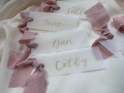 VELLUM Place Card Blush chiffon Ribbon | Calligraphy Wedding Place Name Card | Gold or Silver Eyelet
