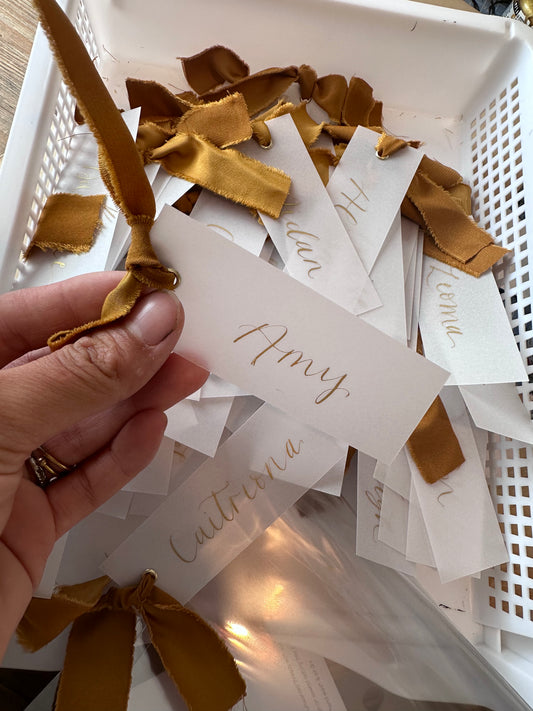 VELLUM Place Card Gold Satin Ribbon | Calligraphy Wedding Place Name Card | Gold or Silver Eyelet
