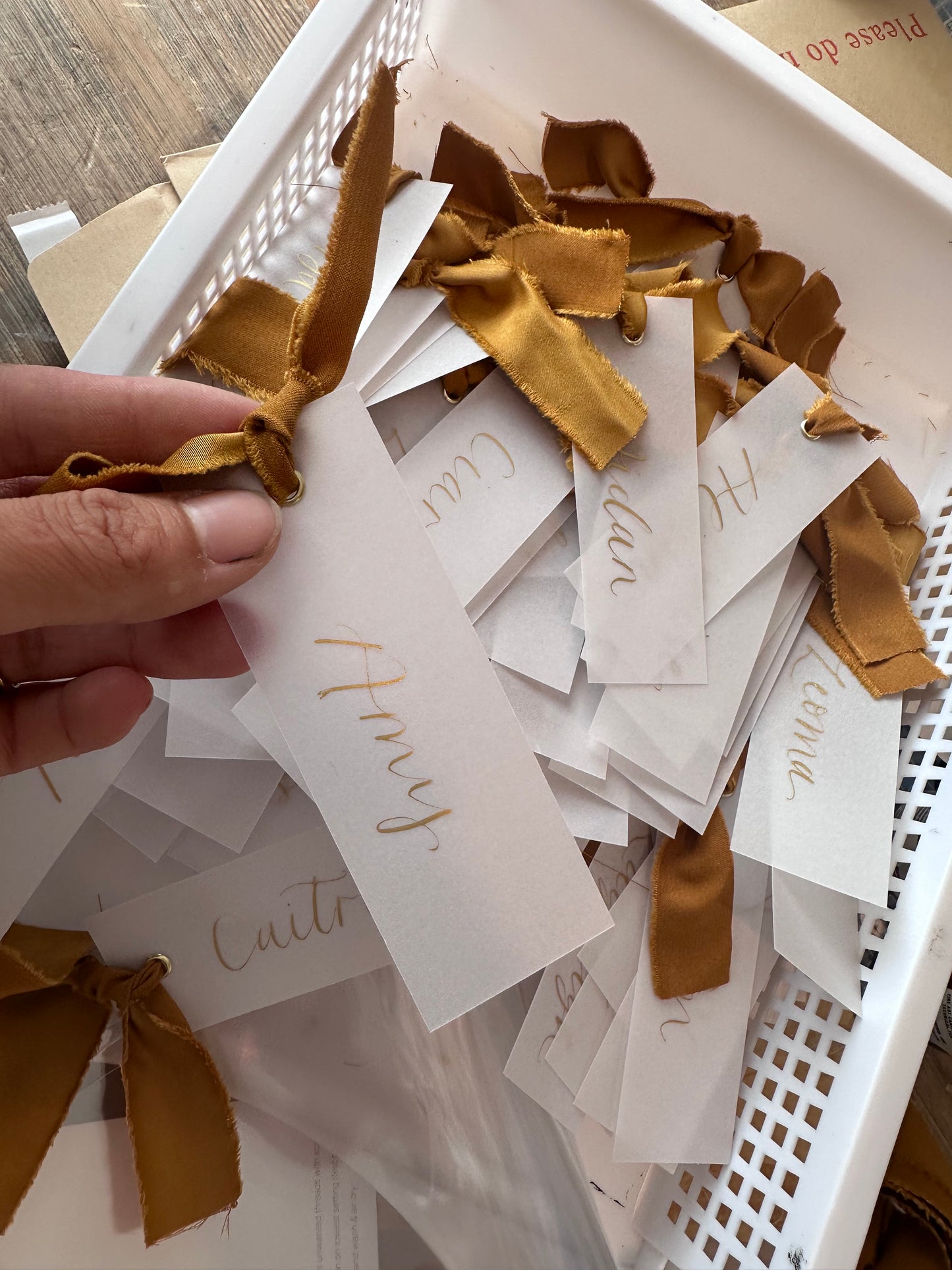 VELLUM Place Card Gold Satin Ribbon | Calligraphy Wedding Place Name Card | Gold or Silver Eyelet