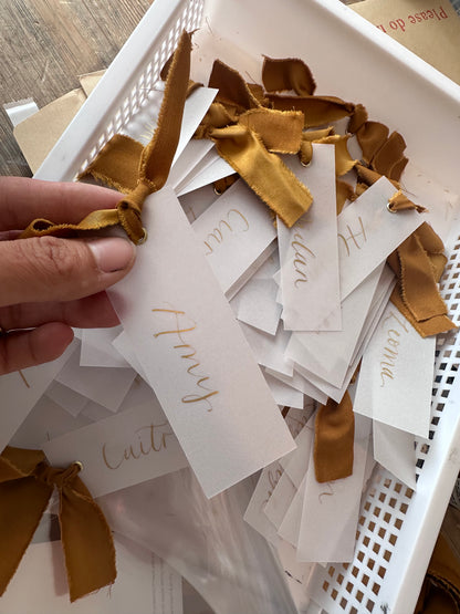 VELLUM Place Card Gold Satin Ribbon | Calligraphy Wedding Place Name Card | Gold or Silver Eyelet