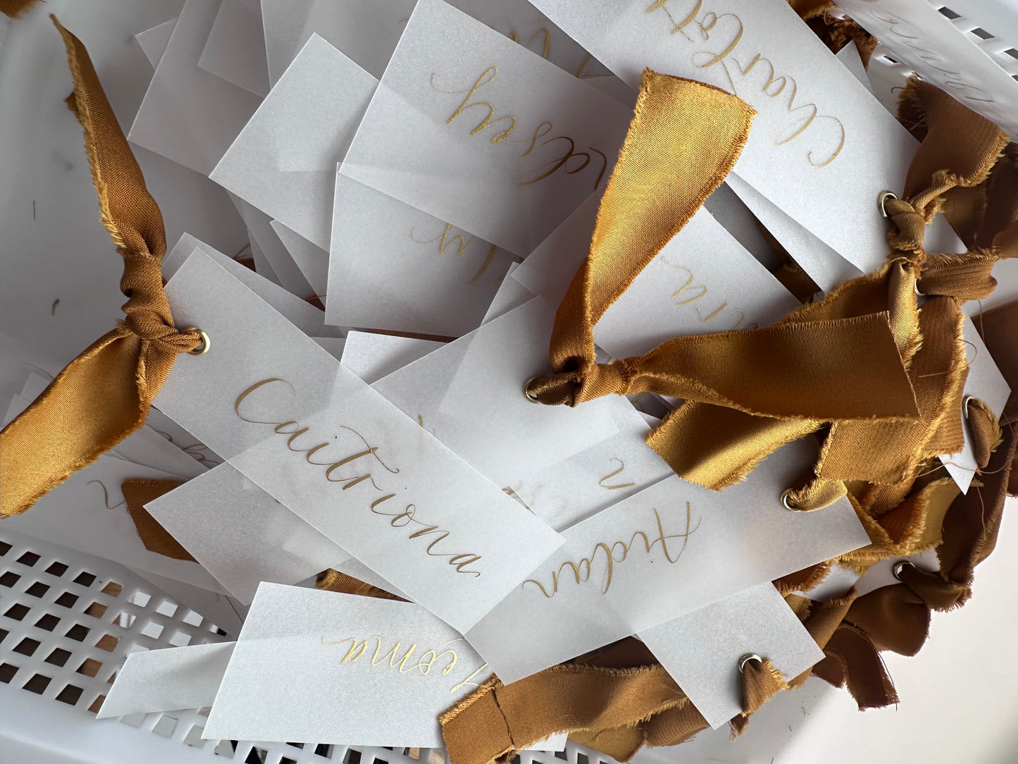 VELLUM Place Card Gold Satin Ribbon | Calligraphy Wedding Place Name Card | Gold or Silver Eyelet