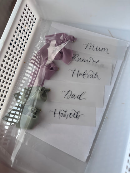 VELLUM Opaque Paper Place Card Chiffon Ribbon | Calligraphy Wedding Place Name Card | Gold or Silver Eyelet