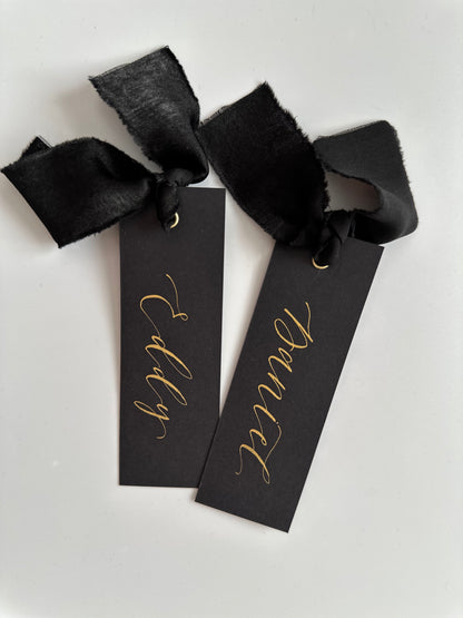 BLACK Place Card Chiffon Ribbon | Calligraphy Wedding Place Name Card | Gold or Silver Eyelet