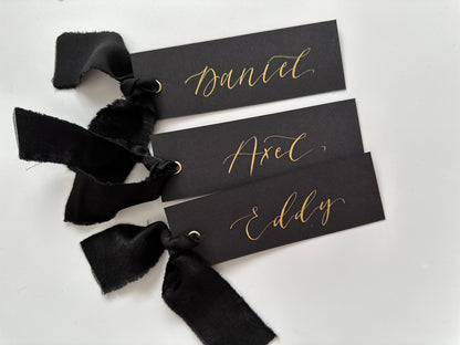 BLACK Place Card Chiffon Ribbon | Calligraphy Wedding Place Name Card | Gold or Silver Eyelet