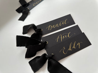 BLACK Place Card Chiffon Ribbon | Calligraphy Wedding Place Name Card | Gold or Silver Eyelet