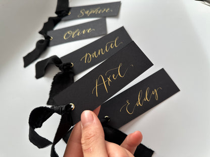 BLACK Place Card Chiffon Ribbon | Calligraphy Wedding Place Name Card | Gold or Silver Eyelet