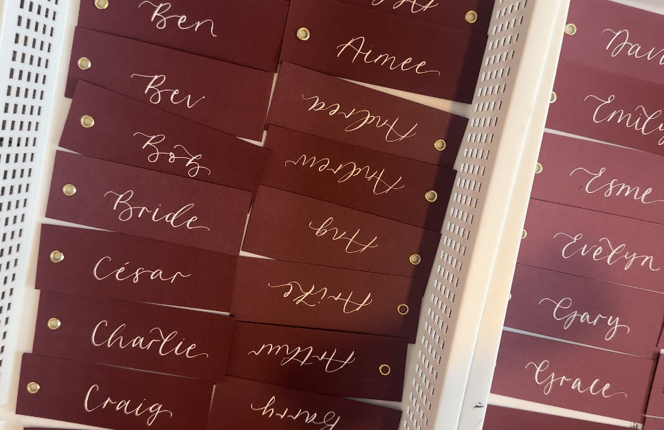 BURGUNDY Calligraphy Place Name Card | DIY Add Own Ribbon Calligraphy Wedding Place Name Card | Gold or Silver Eyelet Place Card