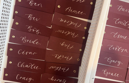 BURGUNDY Calligraphy Place Name Card | DIY Add Own Ribbon Calligraphy Wedding Place Name Card | Gold or Silver Eyelet Place Card