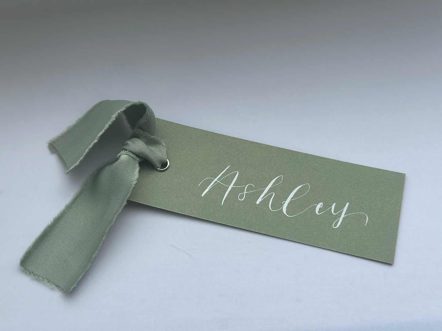 EUCALYPTUS + SAGE Place Card Satin Ribbon | Calligraphy Wedding Place Name Card | Gold or Silver Eyelet (Copy)