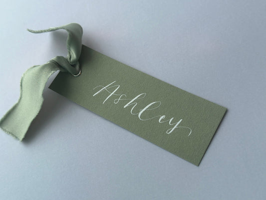 EUCALYPTUS + SAGE Place Card Satin Ribbon | Calligraphy Wedding Place Name Card | Gold or Silver Eyelet (Copy)