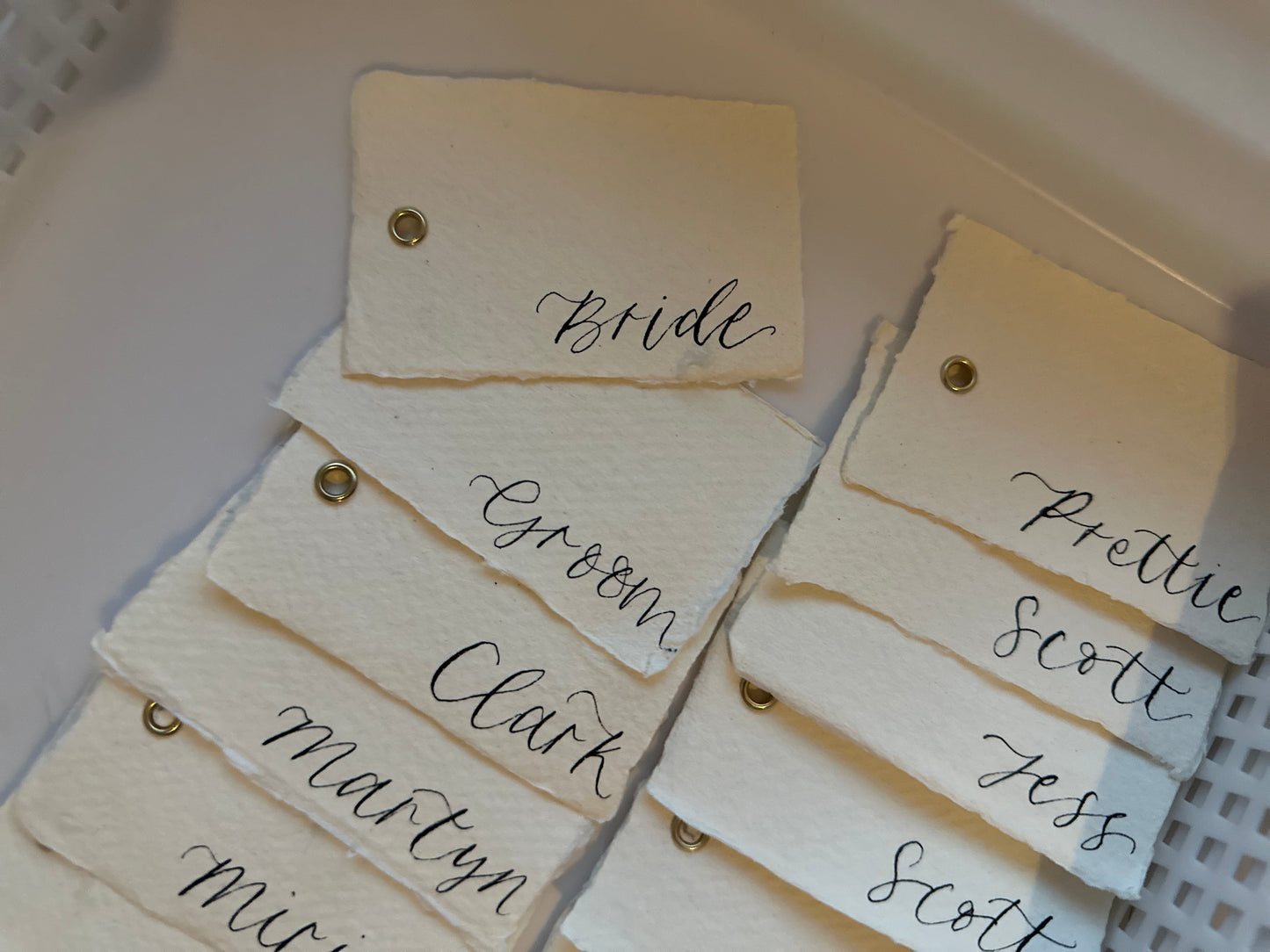 Calligraphy Wedding DIY Blank Place Name Card | Handmade Paper Place Card with optional ribbon hole gold or silver eyelet