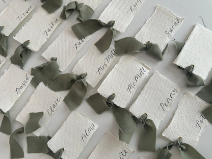 HANDMADE PAPER Place Card Chiffon Ribbon | Calligraphy Wedding Place Name Card | Gold or Silver Eyelet