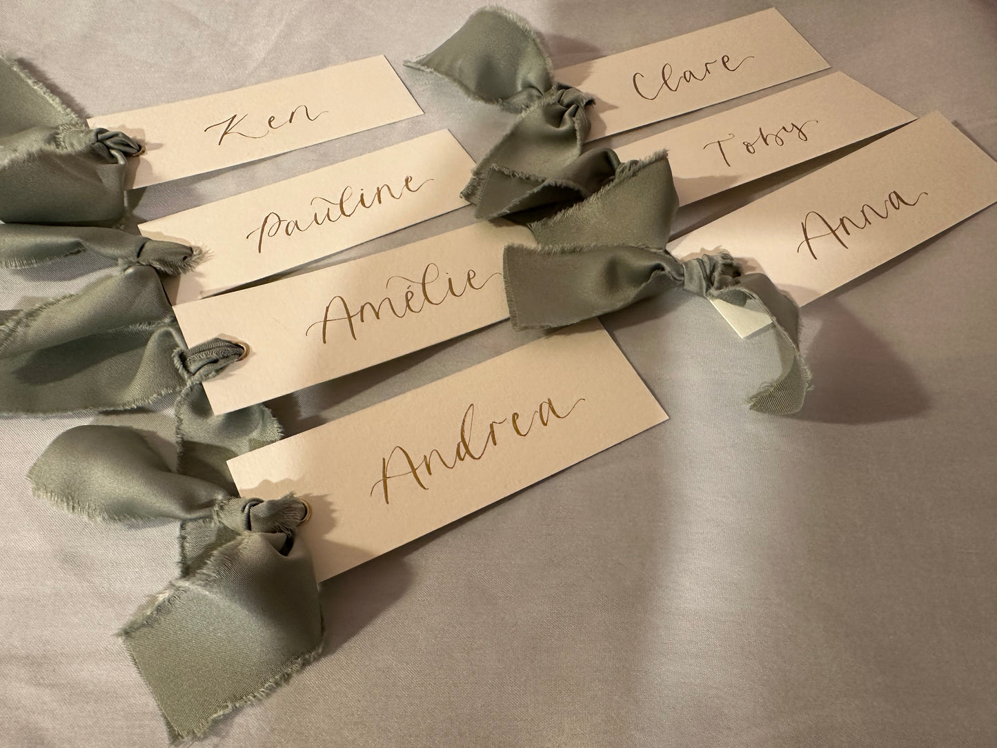 Ivory Place Card Sage Green Satin | Calligraphy Wedding Place Name Card | Gold or Silver Eyelet