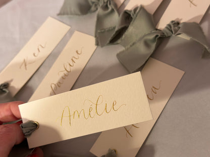 Ivory Place Card Sage Green Satin | Calligraphy Wedding Place Name Card | Gold or Silver Eyelet