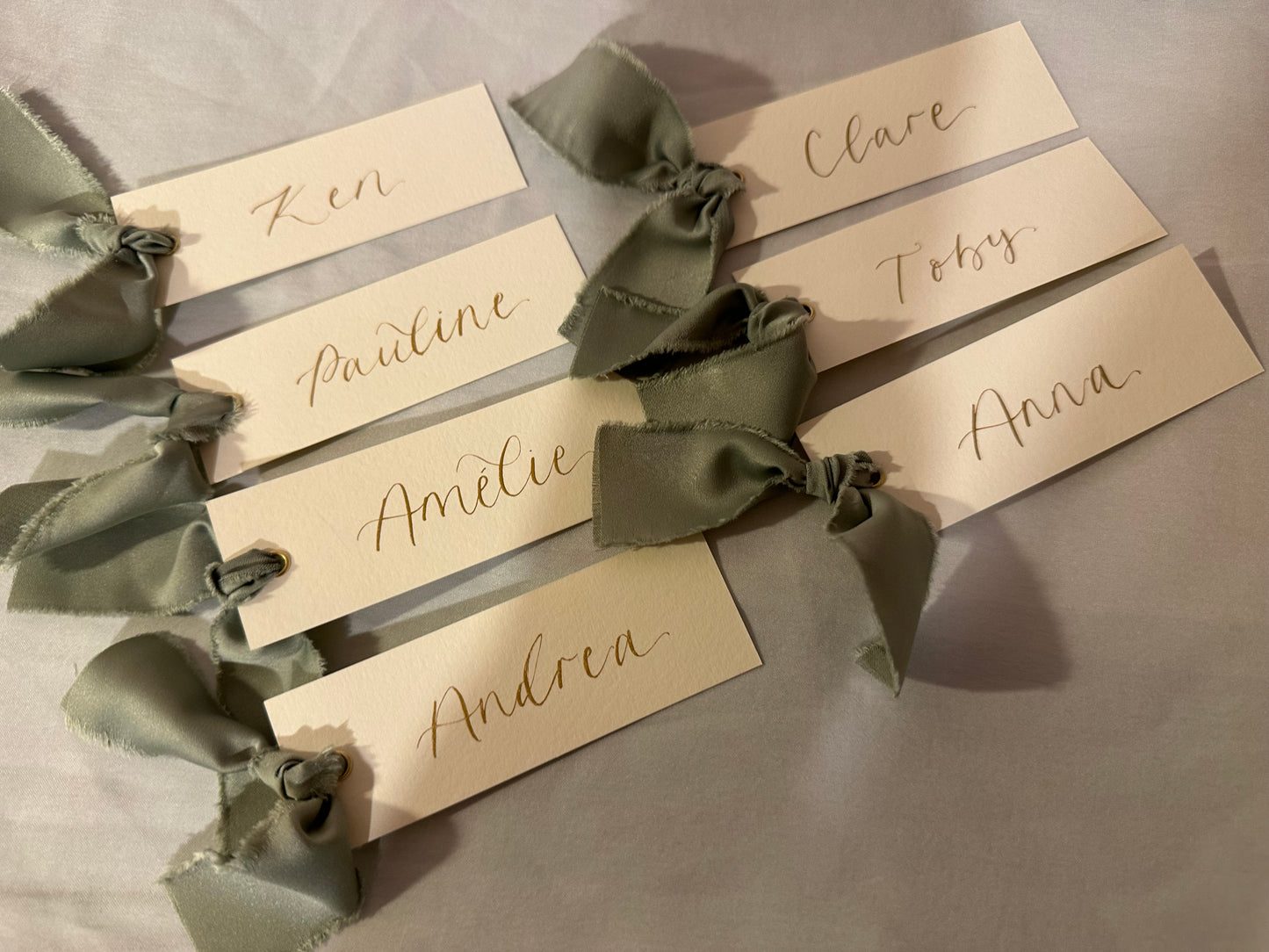 Ivory Place Card Sage Green Satin | Calligraphy Wedding Place Name Card | Gold or Silver Eyelet