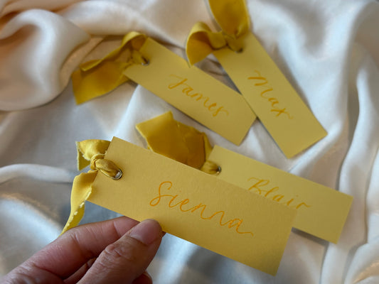 LEMON Yellow Place Card Champagne Chiffon Ribbon | Calligraphy Wedding Place Name Card | Gold or Silver Eyelet