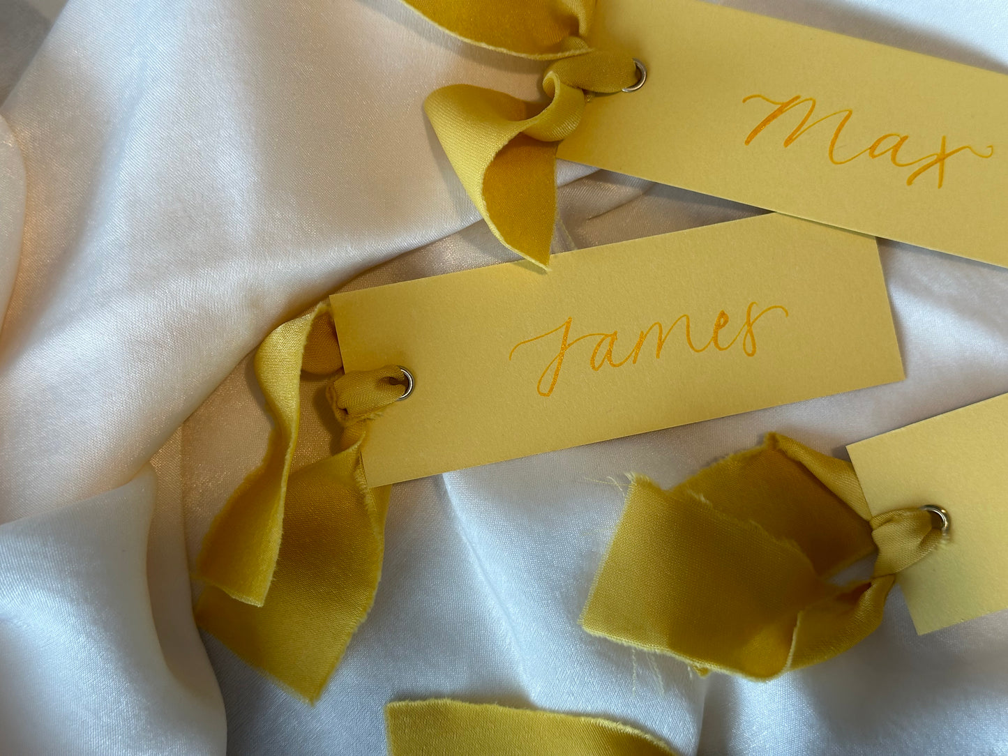 LEMON Yellow Place Card Champagne Chiffon Ribbon | Calligraphy Wedding Place Name Card | Gold or Silver Eyelet
