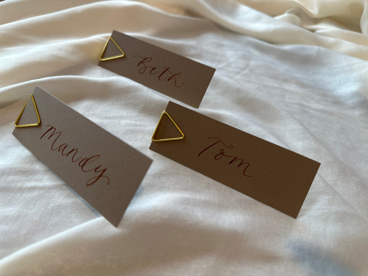 MOCHA  Calligraphy Place Name Card | DIY Add Own Ribbon Calligraphy Wedding Place Name Card | Gold or Silver Eyelet