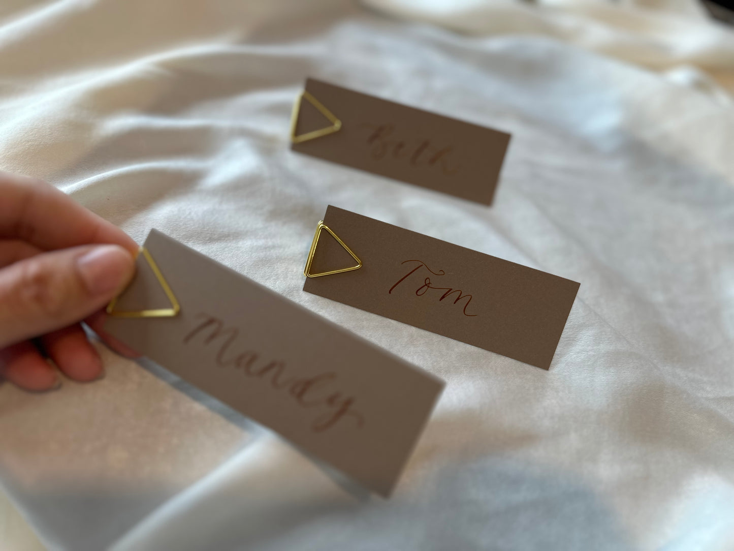 MOCHA  Calligraphy Place Name Card | DIY Add Own Ribbon Calligraphy Wedding Place Name Card | Gold or Silver Eyelet