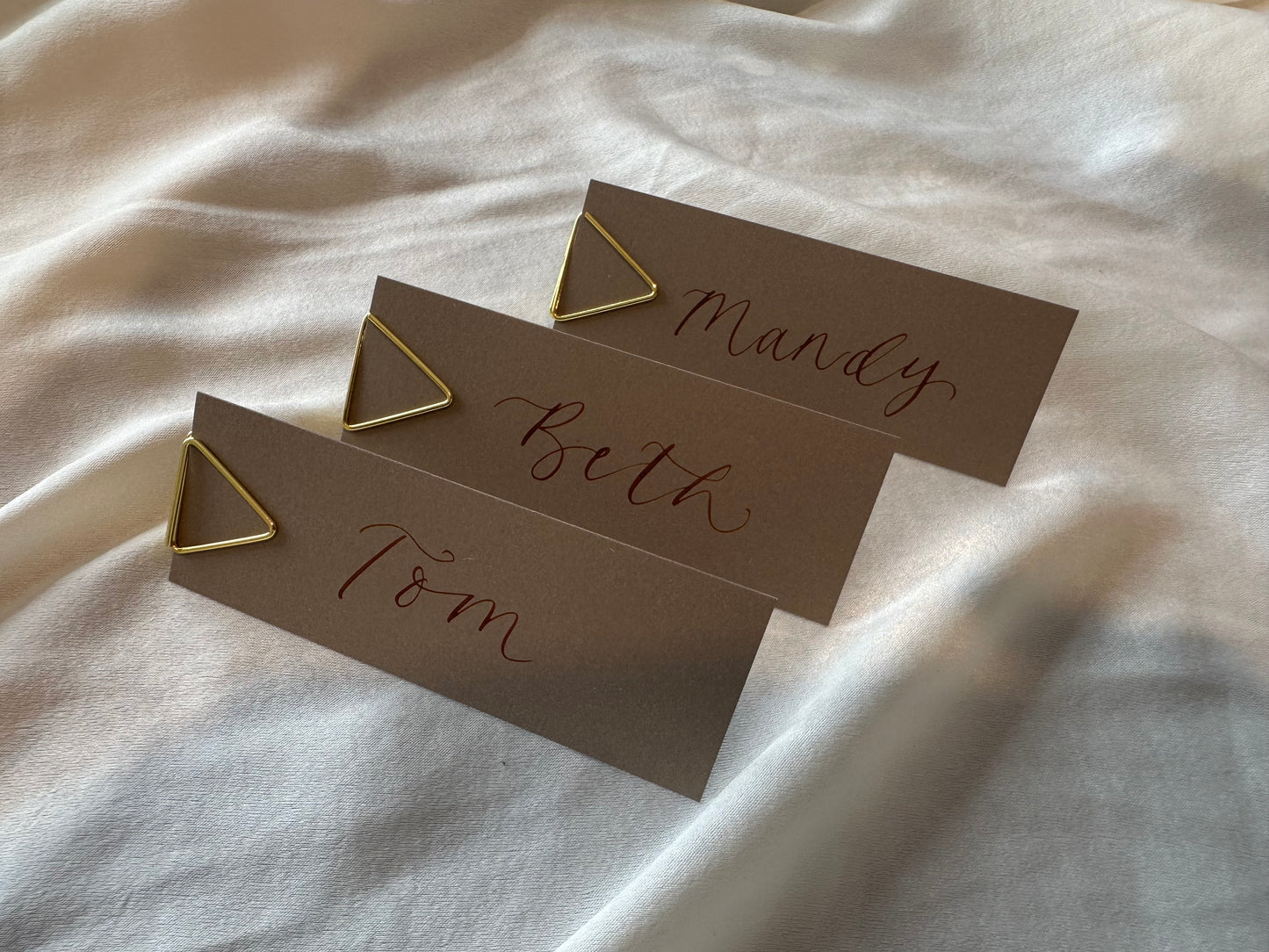 MOCHA  Calligraphy Place Name Card | DIY Add Own Ribbon Calligraphy Wedding Place Name Card | Gold or Silver Eyelet