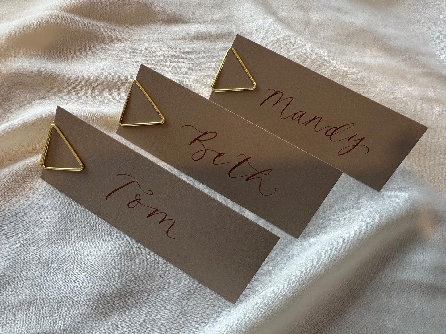 MOCHA  Calligraphy Place Name Card | DIY Add Own Ribbon Calligraphy Wedding Place Name Card | Gold or Silver Eyelet