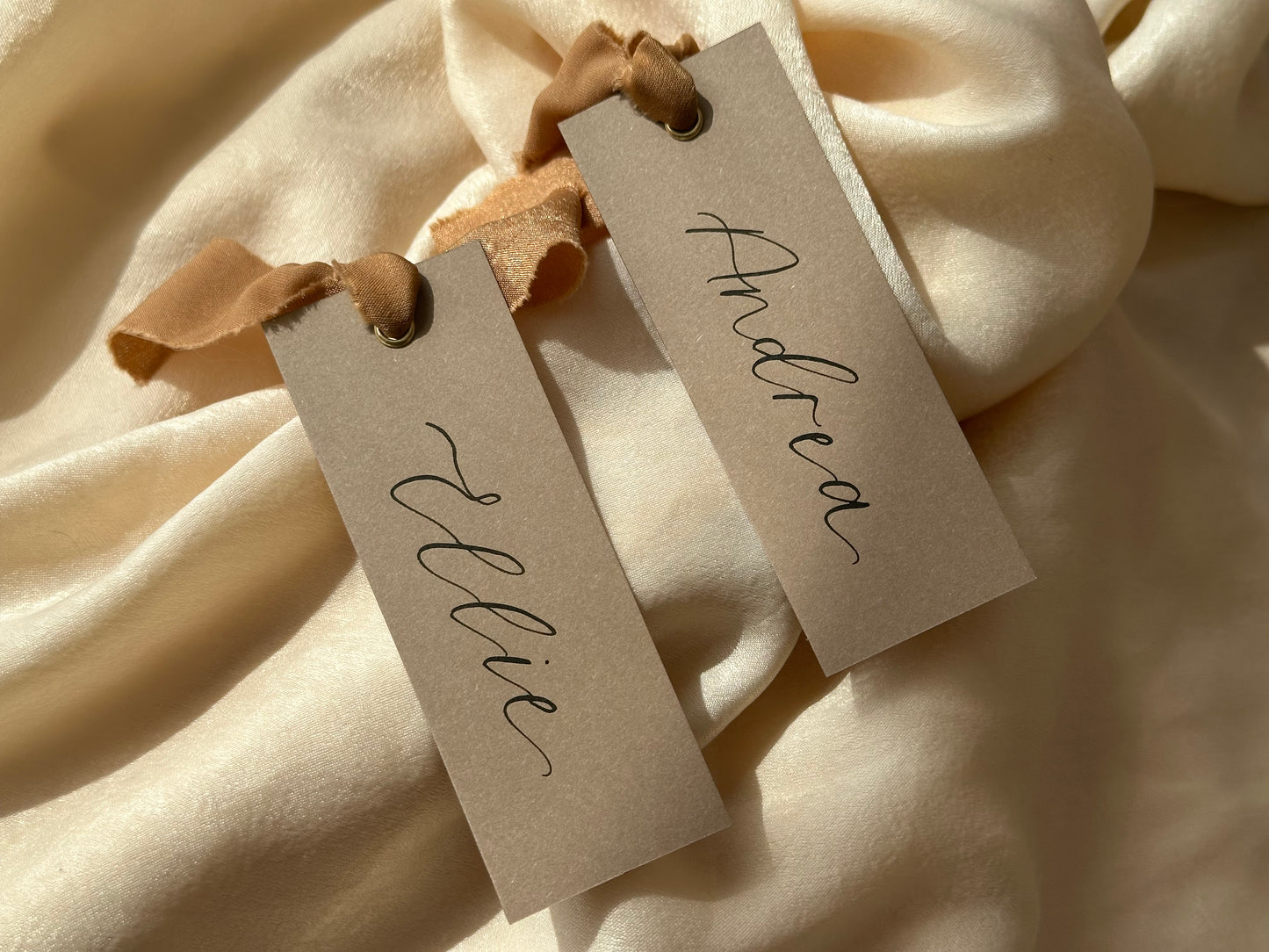 MOCHA Place Card with Chiffon Ribbon | Calligraphy Wedding Place Name Card | Gold or Silver Eyelet