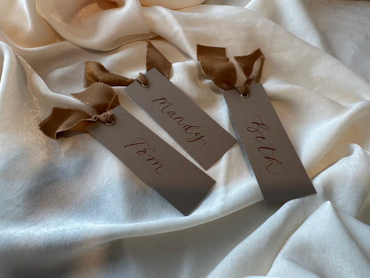 MOCHA Place Card with Chiffon Ribbon | Calligraphy Wedding Place Name Card | Gold or Silver Eyelet