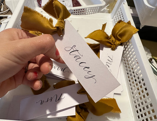 GOLD White Place Card with Satin Ribbon | Calligraphy Wedding Place Name Card | Gold or Silver Eyelet