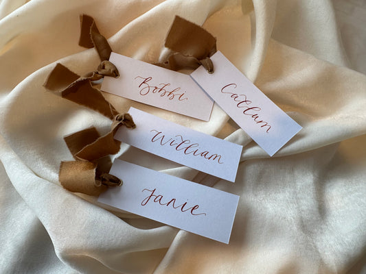 MOCHA Chiffon Calligraphy Place Name Card | White Calligraphy Wedding Place Name Card | Gold or Silver Eyelet