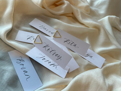 WHITE Calligraphy Place Name Card | White Calligraphy Wedding Place Name Card | Gold or Silver Eyelet