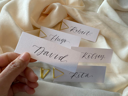 WHITE Calligraphy Place Name Card | White Calligraphy Wedding Place Name Card | Gold or Silver Eyelet
