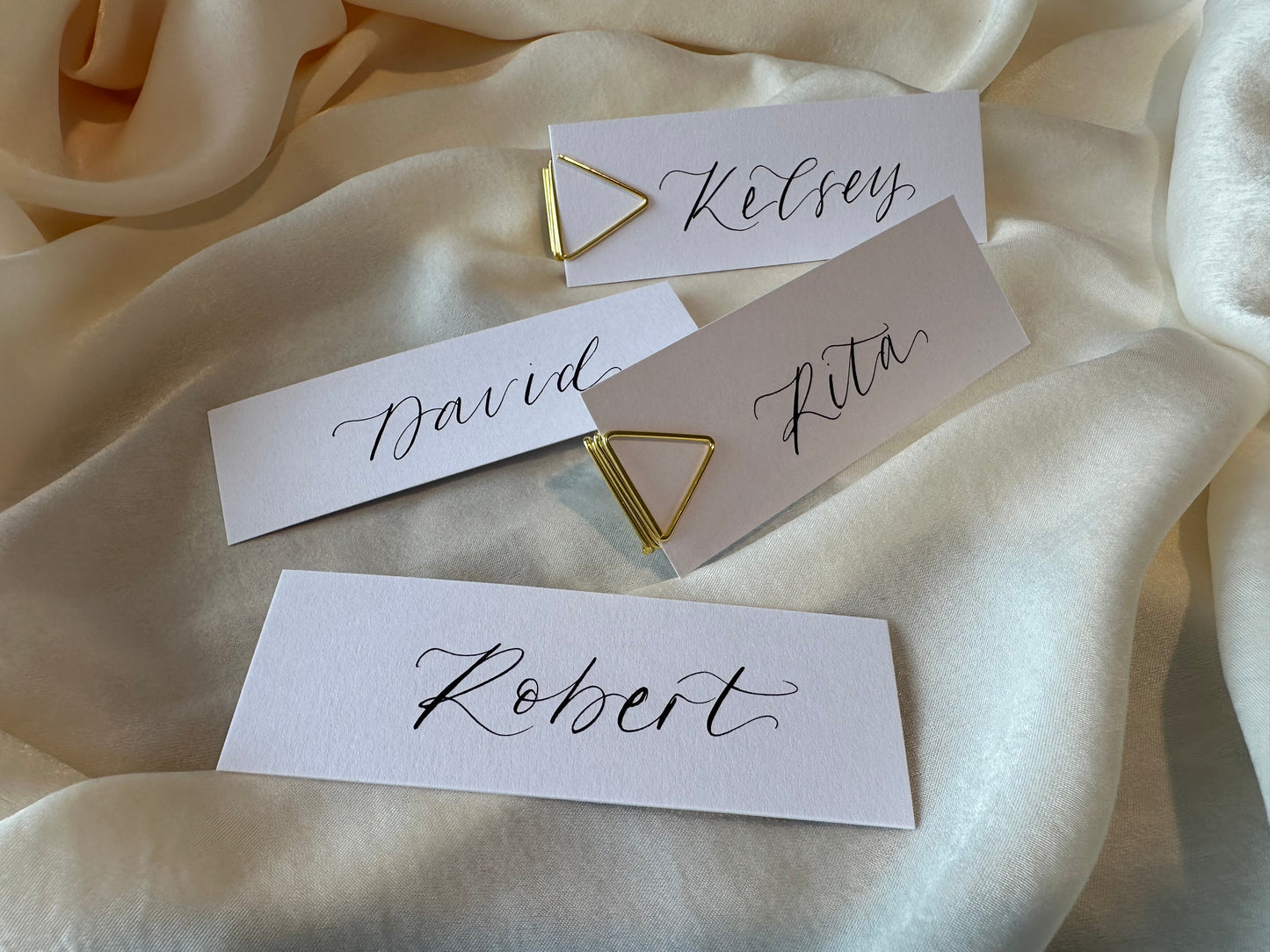 WHITE Calligraphy Place Name Card | White Calligraphy Wedding Place Name Card | Gold or Silver Eyelet