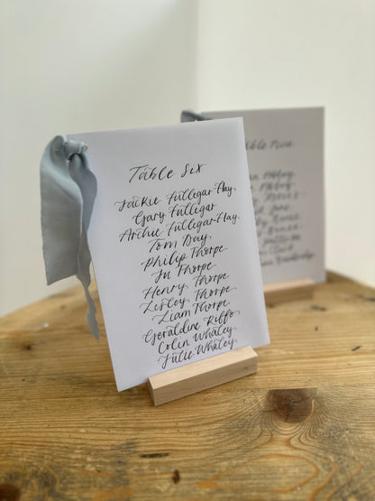 Ribbon Calligraphy Vellum Table Plan Card | A5 Calligraphy Wedding Table Plan Card | Gold or Silver Eyelet