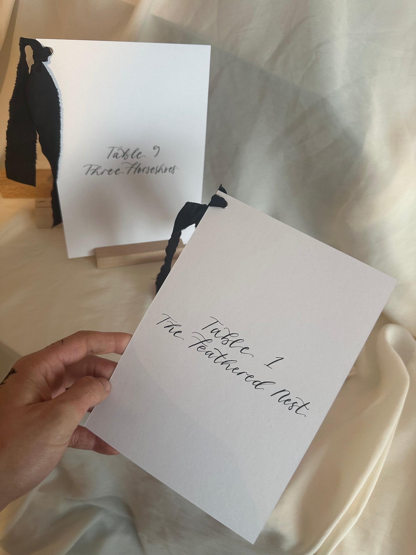 BLACK Table Number Sign with Chiffon Ribbon | Calligraphy Wedding Table Number or Name Card Monochrome Black Tie Wedding