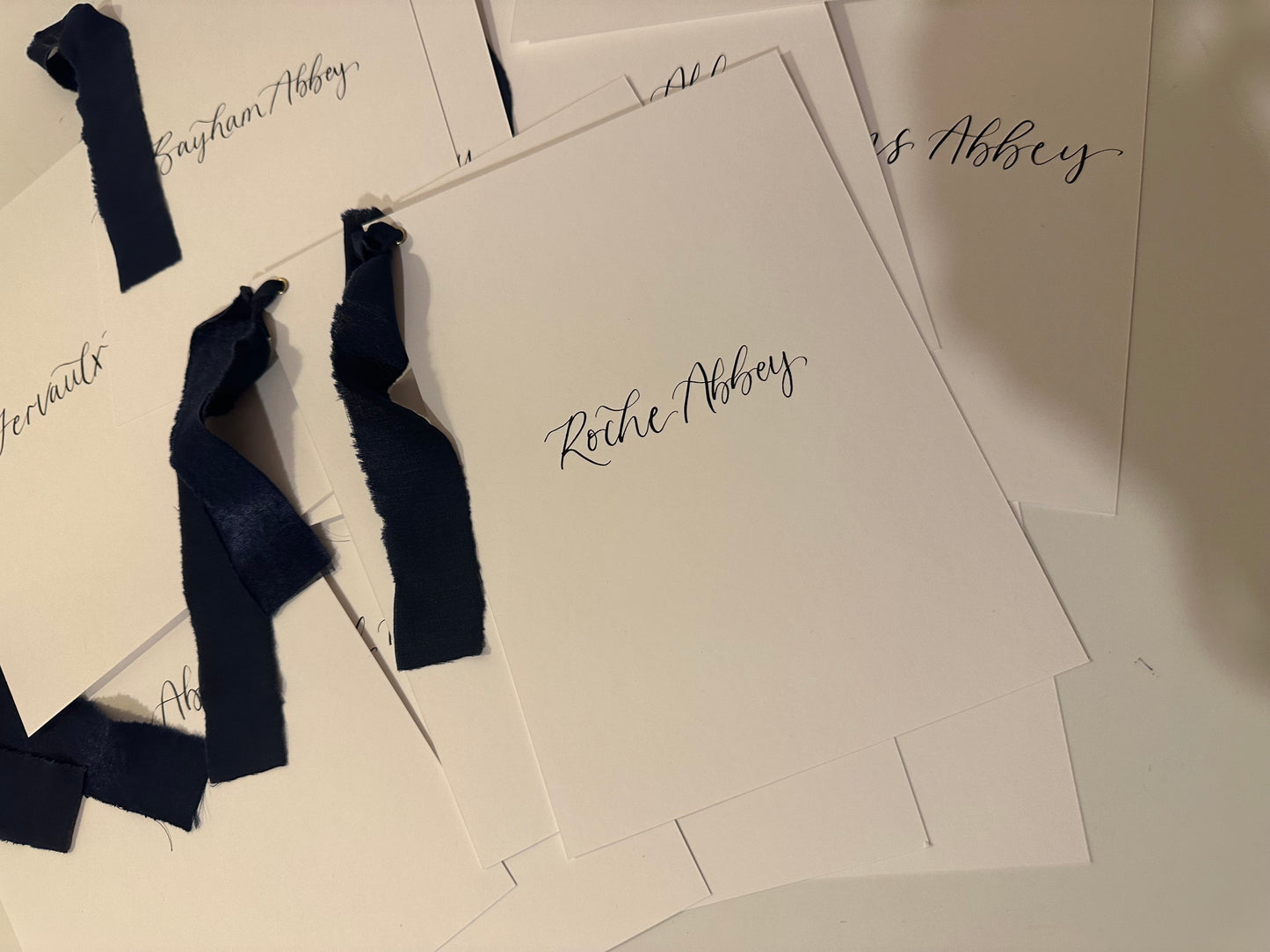 NAVY Table Number Sign with Chiffon Ribbon | Calligraphy Wedding Table Number or Name Card