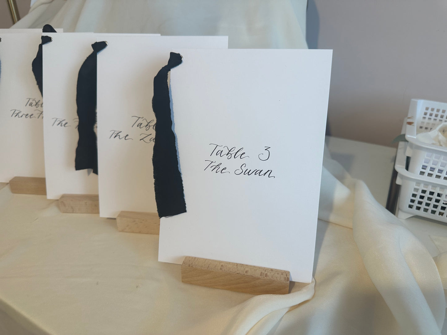 BLACK Table Number Sign with Chiffon Ribbon | Calligraphy Wedding Table Number or Name Card Monochrome Black Tie Wedding