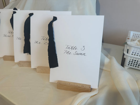 BLACK Table Number Sign with Chiffon Ribbon | Calligraphy Wedding Table Number or Name Card Monochrome Black Tie Wedding