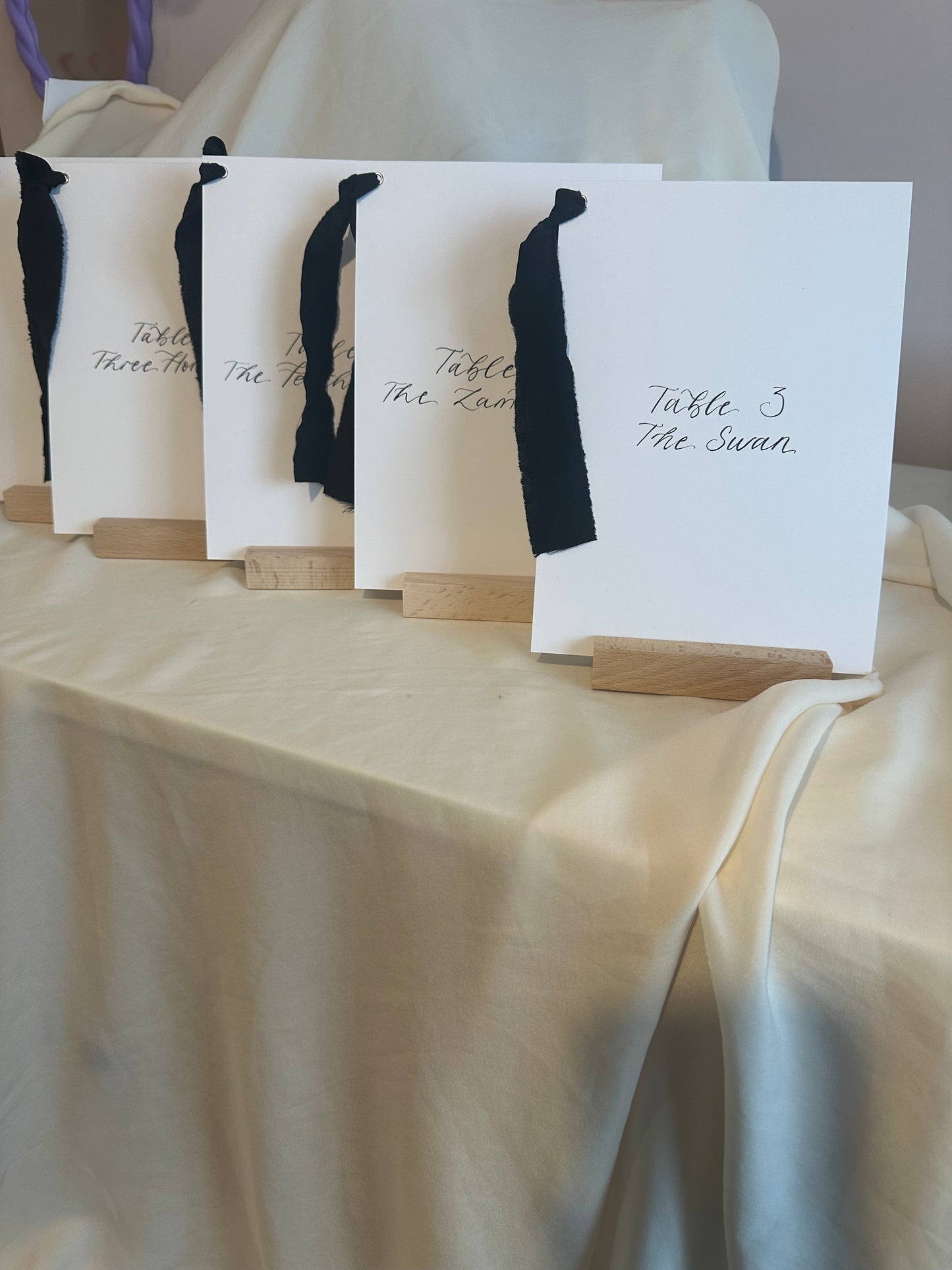 BLACK Table Number Sign with Chiffon Ribbon | Calligraphy Wedding Table Number or Name Card Monochrome Black Tie Wedding