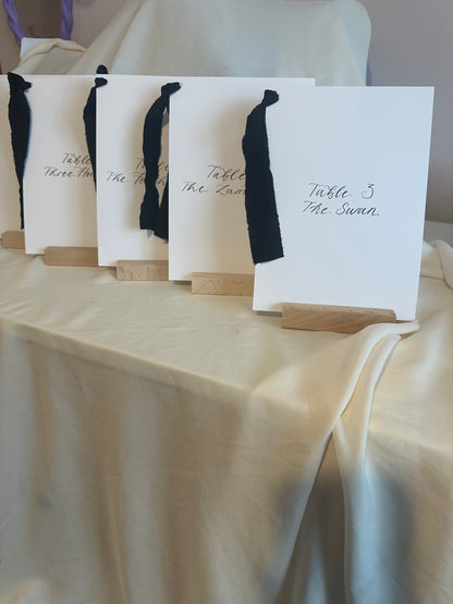 BLACK Table Number Sign with Chiffon Ribbon | Calligraphy Wedding Table Number or Name Card Monochrome Black Tie Wedding