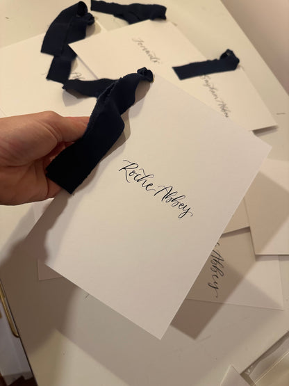 NAVY Table Number Sign with Chiffon Ribbon | Calligraphy Wedding Table Number or Name Card